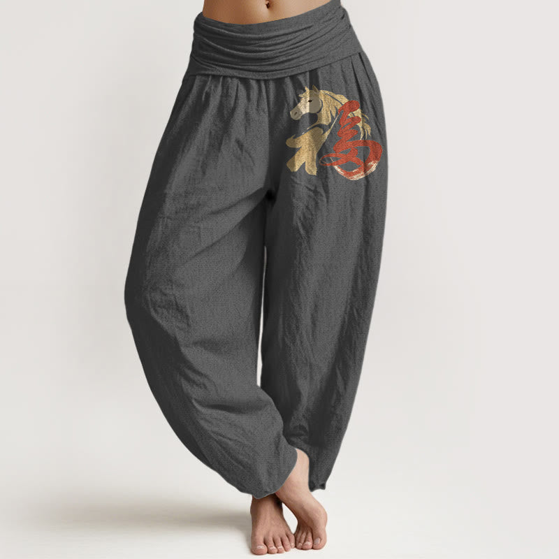 Buddha Stones Damen-Haremshose aus reiner Baumwolle mit Pferdemotiv (Jahr des Pferdes) und elastischem Bund - DimGray - US16, UK/AU20, EU48 (3XL) - image 8