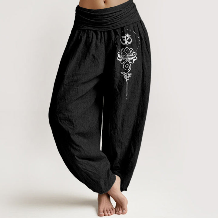 Buddha Stones Haremshose aus reiner Baumwolle im minimalistischen Stil mit Om-Symbol und Lotusmuster, elastischem Bund. - Schwarz - US16, UK/AU20, EU48 (3XL) - image 0