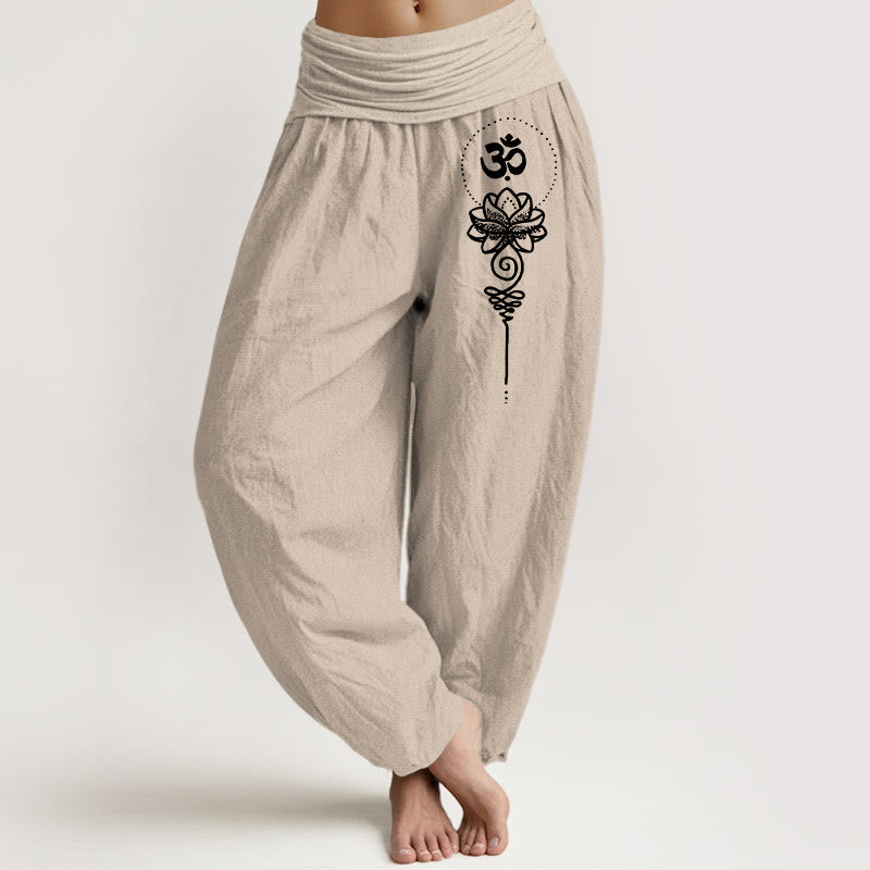 Buddha Stones Haremshose aus reiner Baumwolle im minimalistischen Stil mit Om-Symbol und Lotusmuster, elastischem Bund. - Bräunen - US16, UK/AU20, EU48 (3XL) - image 11