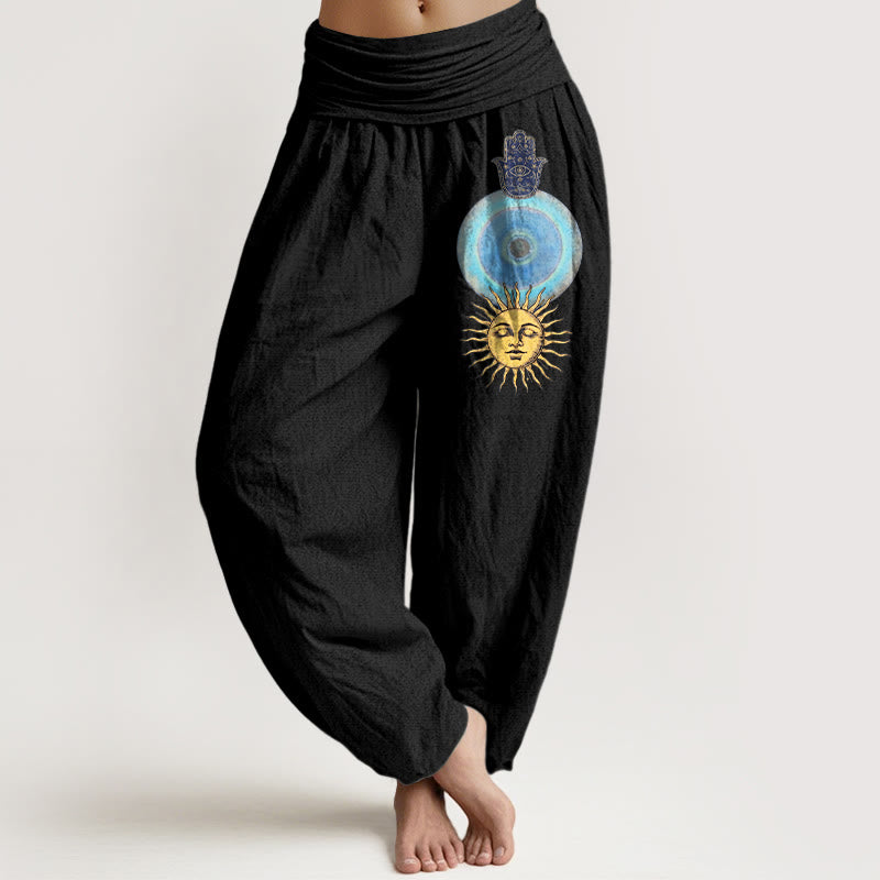Buddha Stones Haremshose aus reiner Baumwolle im minimalistischen Stil mit Hamsa-Hand-Sonnenmuster und elastischem Bund für Damen - Schwarz - US16, UK/AU20, EU48 (3XL) - image 0
