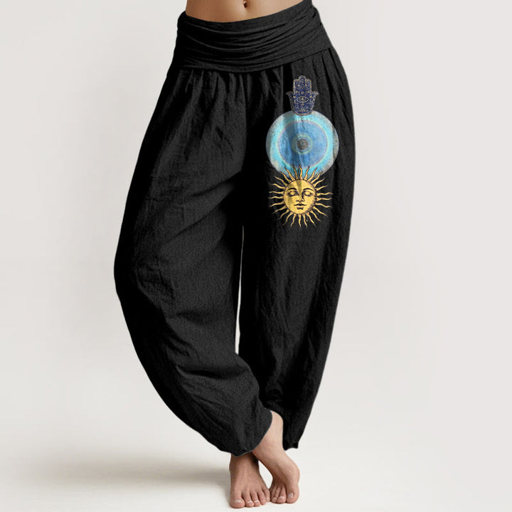 Buddha Stones Haremshose aus reiner Baumwolle im minimalistischen Stil mit Hamsa-Hand-Sonnenmuster und elastischem Bund für Damen - Schwarz - US16, UK/AU20, EU48 (3XL) - image 0