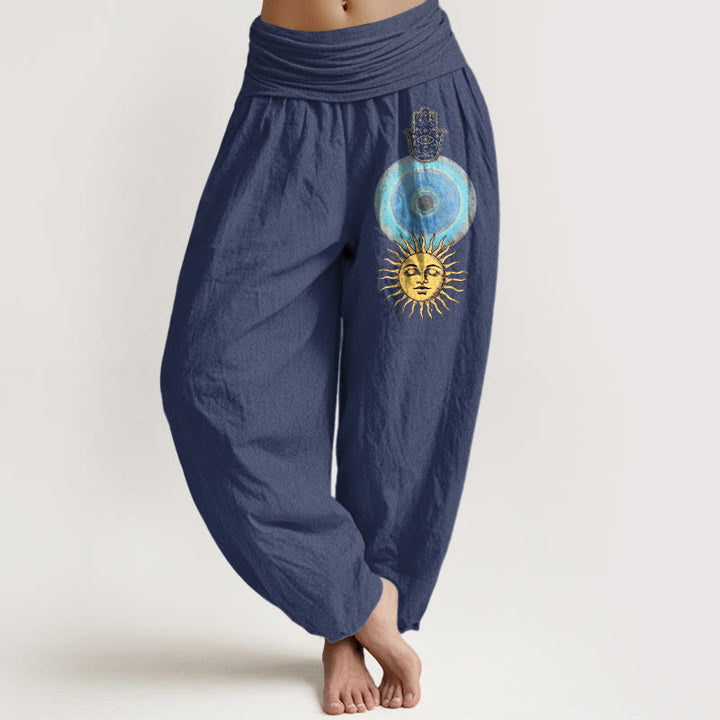 Buddha Stones Haremshose aus reiner Baumwolle im minimalistischen Stil mit Hamsa-Hand-Sonnenmuster und elastischem Bund für Damen - Dunkelschieferblau - US16, UK/AU20, EU48 (3XL) - image 5