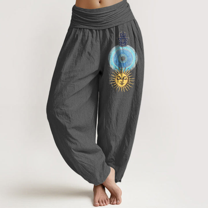 Buddha Stones Haremshose aus reiner Baumwolle im minimalistischen Stil mit Hamsa-Hand-Sonnenmuster und elastischem Bund für Damen - DimGray - US16, UK/AU20, EU48 (3XL) - image 8