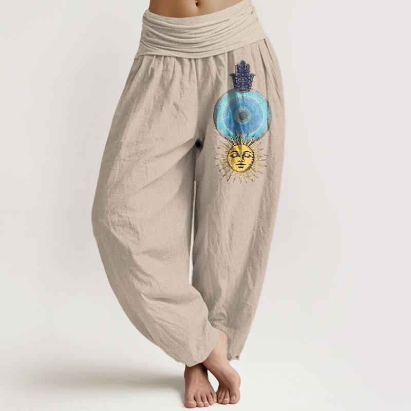 Buddha Stones Haremshose aus reiner Baumwolle im minimalistischen Stil mit Hamsa-Hand-Sonnenmuster und elastischem Bund für Damen - Bräunen - US16, UK/AU20, EU48 (3XL) - image 11