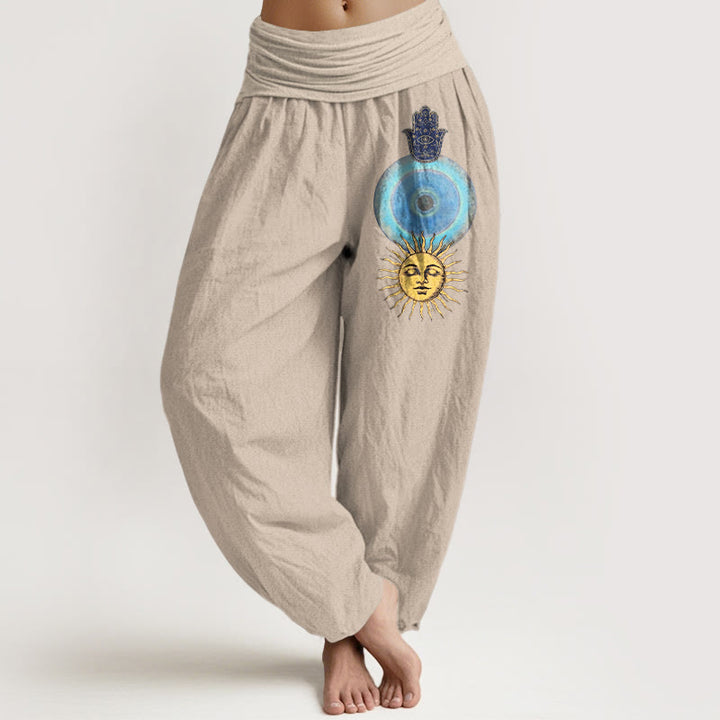 Buddha Stones Haremshose aus reiner Baumwolle im minimalistischen Stil mit Hamsa-Hand-Sonnenmuster und elastischem Bund für Damen - Bräunen - US16, UK/AU20, EU48 (3XL) - image 11