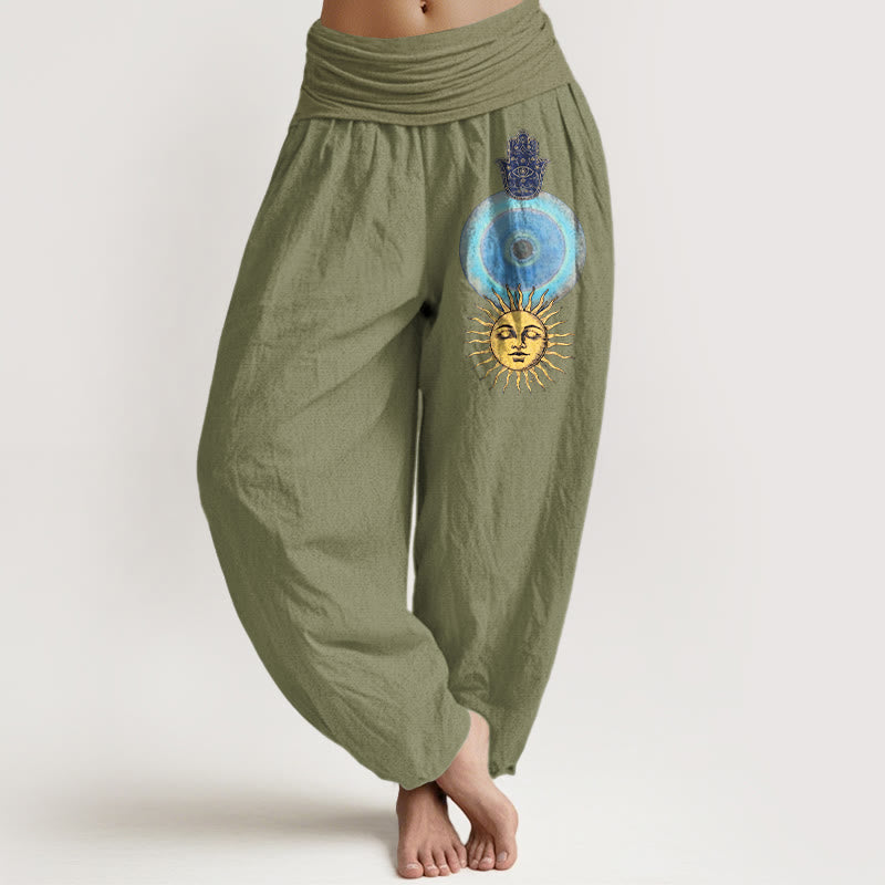 Buddha Stones Haremshose aus reiner Baumwolle im minimalistischen Stil mit Hamsa-Hand-Sonnenmuster und elastischem Bund für Damen - Olivgrün - US16, UK/AU20, EU48 (3XL) - image 14