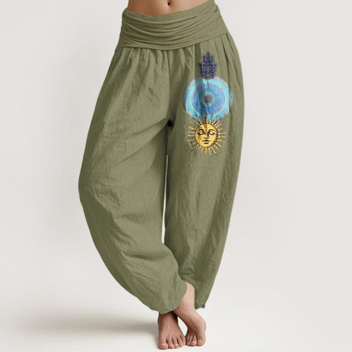 Buddha Stones Haremshose aus reiner Baumwolle im minimalistischen Stil mit Hamsa-Hand-Sonnenmuster und elastischem Bund für Damen - Olivgrün - US16, UK/AU20, EU48 (3XL) - image 14