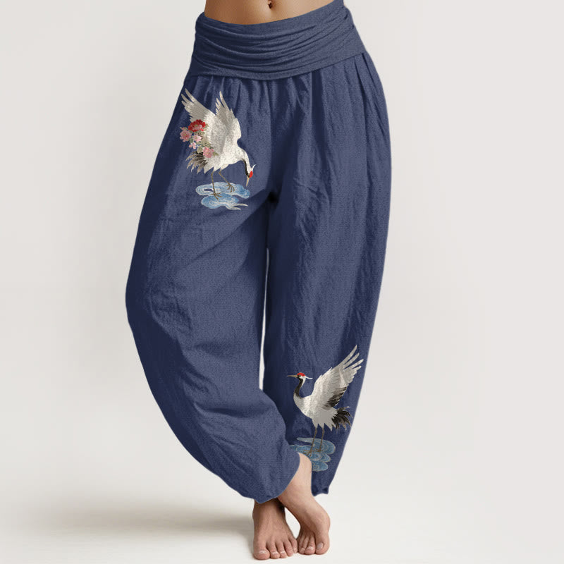 Buddha Stones Elegante Haremshose aus reiner Baumwolle mit Kranich-, Blumen- und Wolkenmuster, elastischer Bund für Damen - Dunkelschieferblau - US16, UK/AU20, EU48 (3XL) - image 0