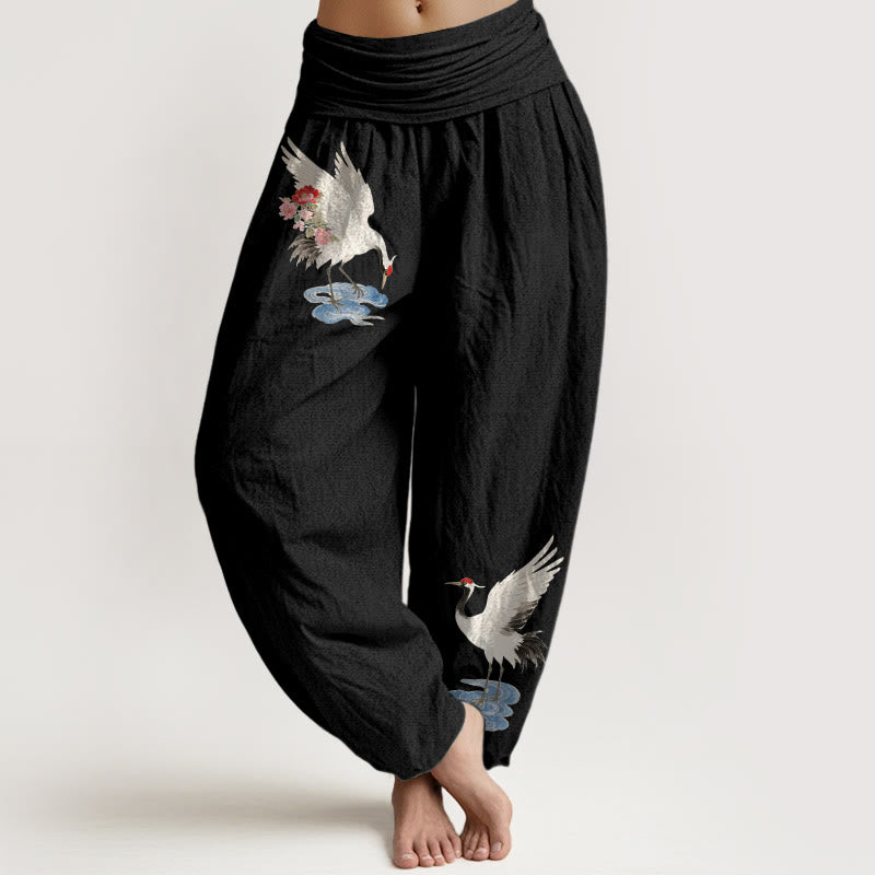 Buddha Stones Elegante Haremshose aus reiner Baumwolle mit Kranich-, Blumen- und Wolkenmuster, elastischer Bund für Damen - Schwarz - US16, UK/AU20, EU48 (3XL) - image 5