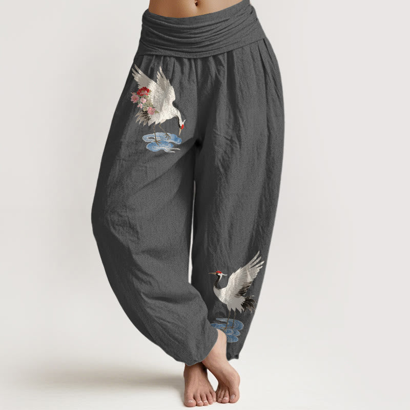 Buddha Stones Elegante Haremshose aus reiner Baumwolle mit Kranich-, Blumen- und Wolkenmuster, elastischer Bund für Damen - DimGray - US16, UK/AU20, EU48 (3XL) - image 8