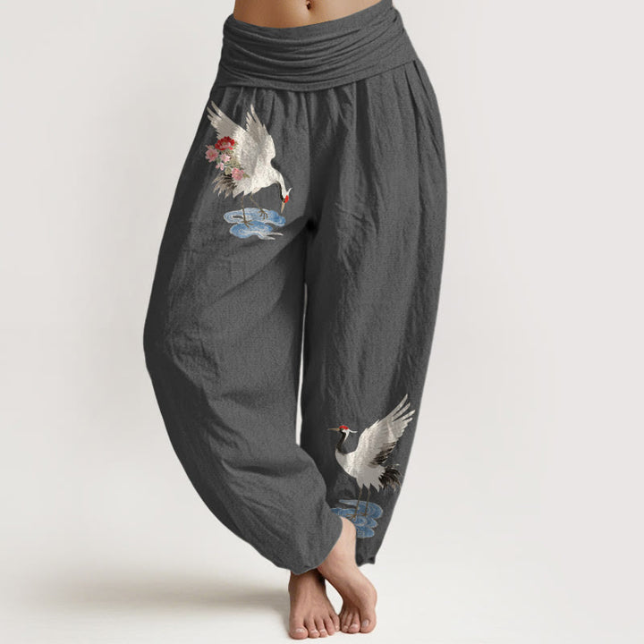 Buddha Stones Elegante Haremshose aus reiner Baumwolle mit Kranich-, Blumen- und Wolkenmuster, elastischer Bund für Damen - DimGray - US16, UK/AU20, EU48 (3XL) - image 8