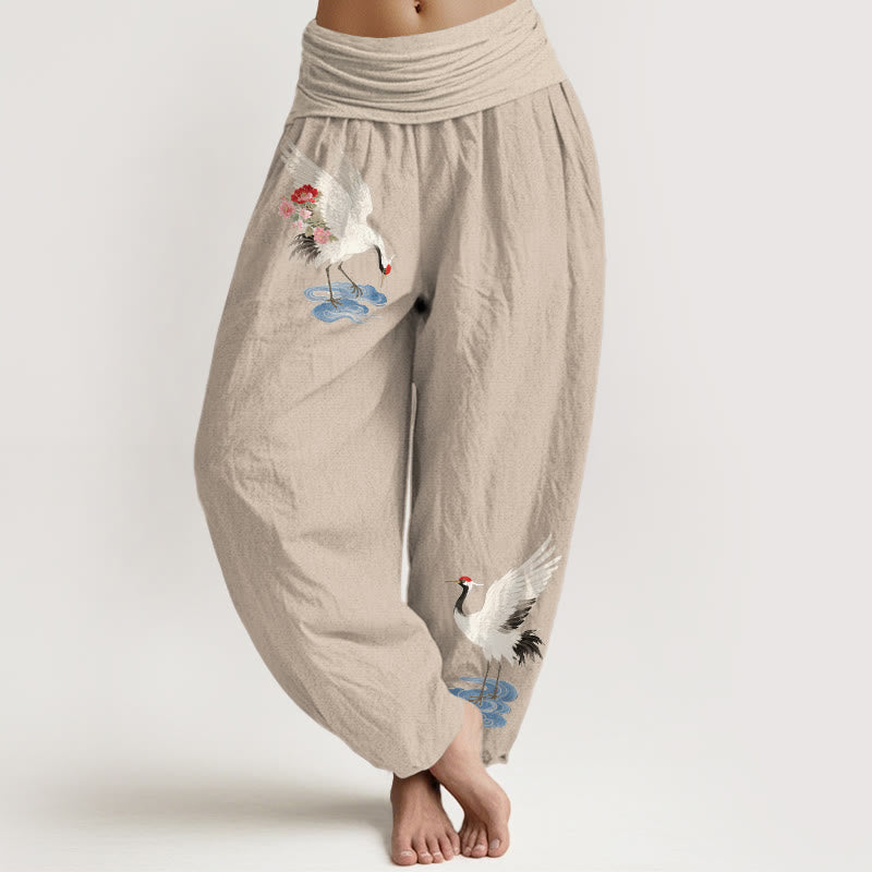 Buddha Stones Elegante Haremshose aus reiner Baumwolle mit Kranich-, Blumen- und Wolkenmuster, elastischer Bund für Damen - Bräunen - US16, UK/AU20, EU48 (3XL) - image 11