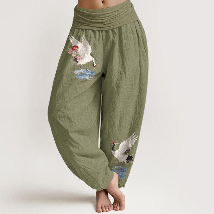 Buddha Stones Elegante Haremshose aus reiner Baumwolle mit Kranich-, Blumen- und Wolkenmuster, elastischer Bund für Damen - Olivgrün - US16, UK/AU20, EU48 (3XL) - image 14