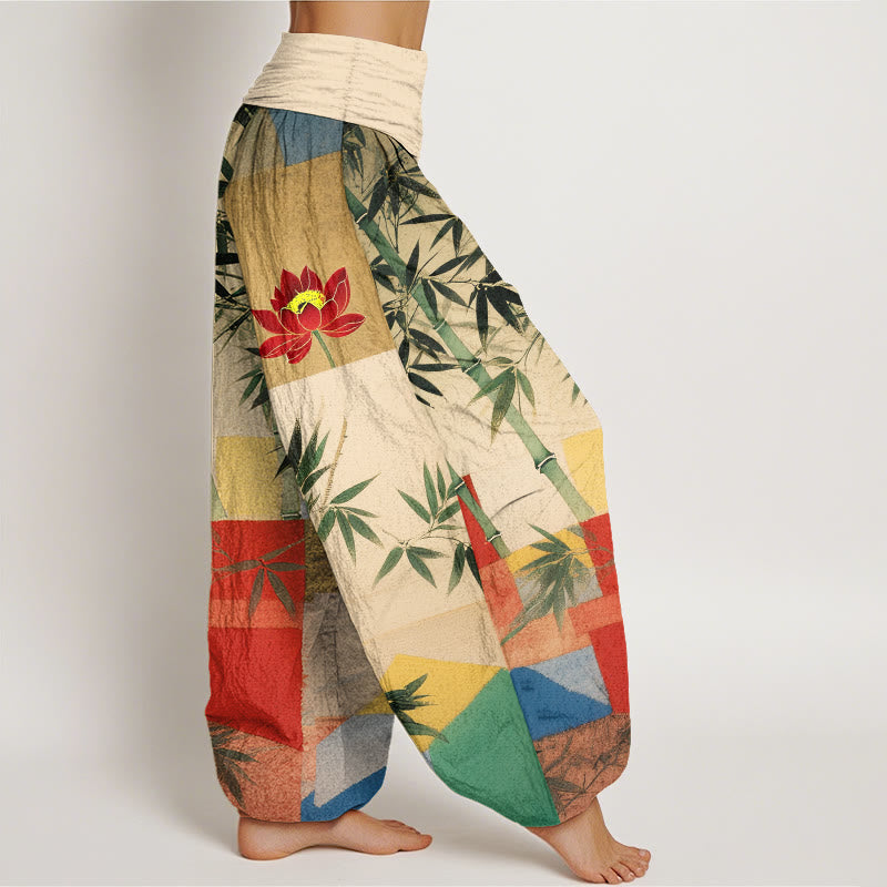 Buddha Stones Baumwoll-Haremshose mit buntem Bambus-Lotus-Muster und geometrischen Formen, elastischem Bund für Damen - image 2