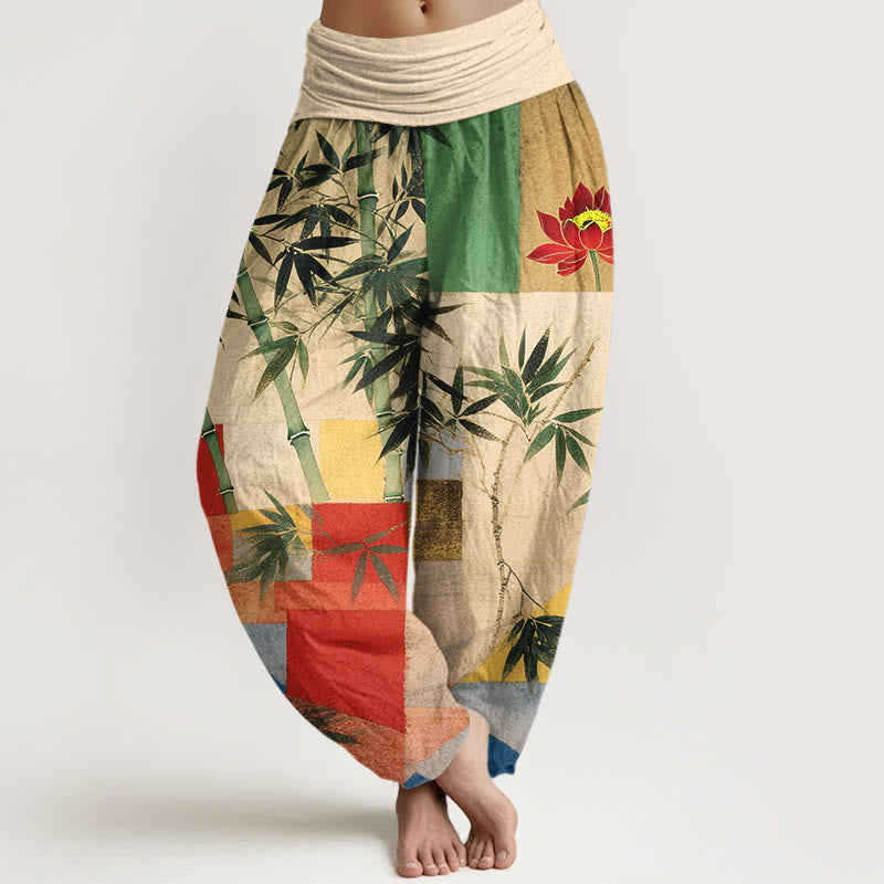 Buddha Stones Baumwoll-Haremshose mit buntem Bambus-Lotus-Muster und geometrischen Formen, elastischem Bund für Damen - Zitronen-Chiffon - US16, UK/AU20, EU48 (3XL) - image 0