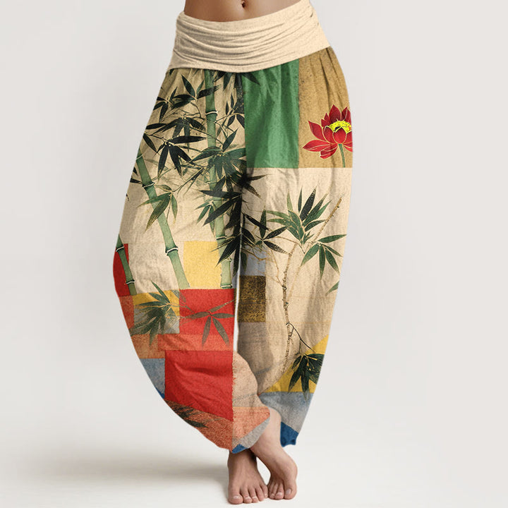Buddha Stones Baumwoll-Haremshose mit buntem Bambus-Lotus-Muster und geometrischen Formen, elastischem Bund für Damen - Zitronen-Chiffon - US16, UK/AU20, EU48 (3XL) - image 0