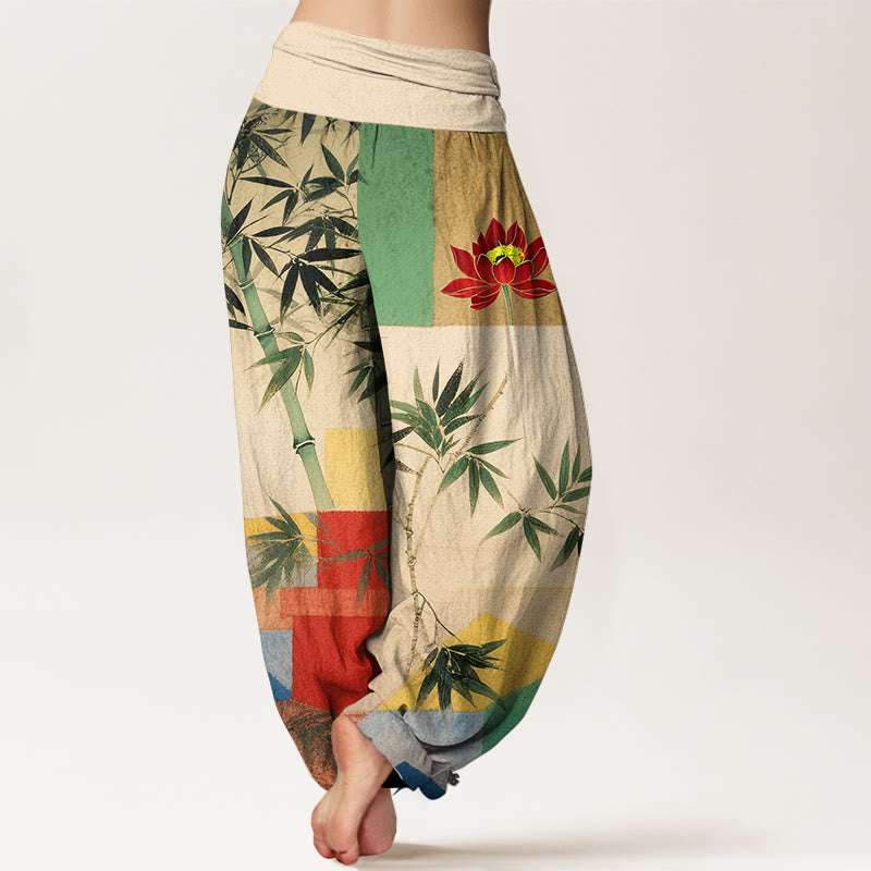 Buddha Stones Baumwoll-Haremshose mit buntem Bambus-Lotus-Muster und geometrischen Formen, elastischem Bund für Damen - image 1