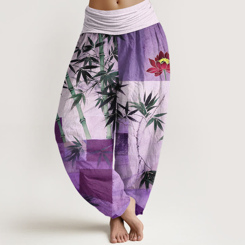 Buddha Stones Baumwoll-Haremshose mit buntem Bambus-Lotus-Muster und geometrischen Formen, elastischem Bund für Damen - Mittelviolett - US16, UK/AU20, EU48 (3XL) - image 5