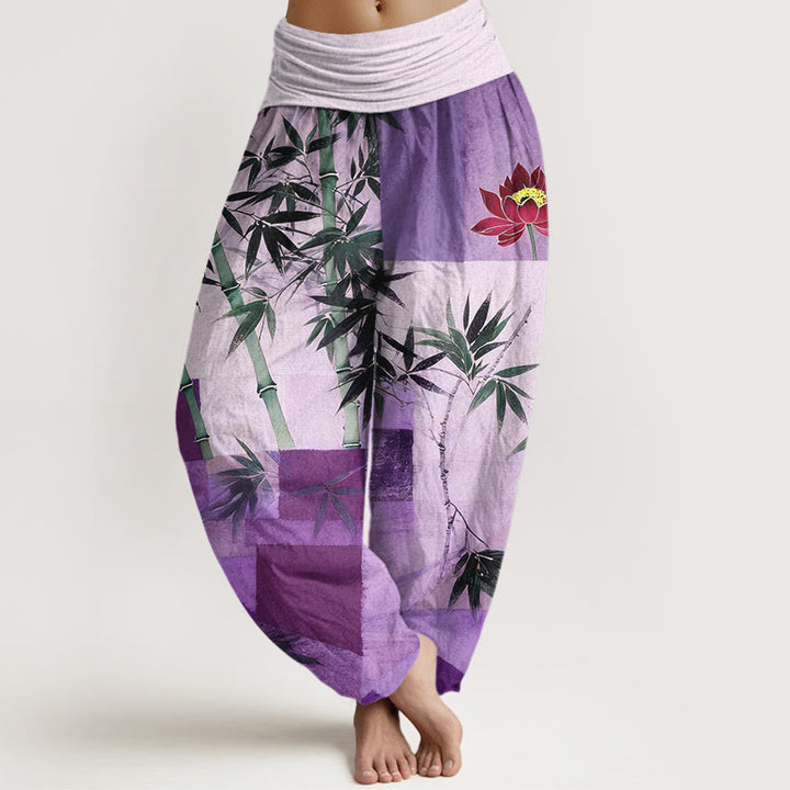 Buddha Stones Baumwoll-Haremshose mit buntem Bambus-Lotus-Muster und geometrischen Formen, elastischem Bund für Damen - Mittelviolett - US16, UK/AU20, EU48 (3XL) - image 5