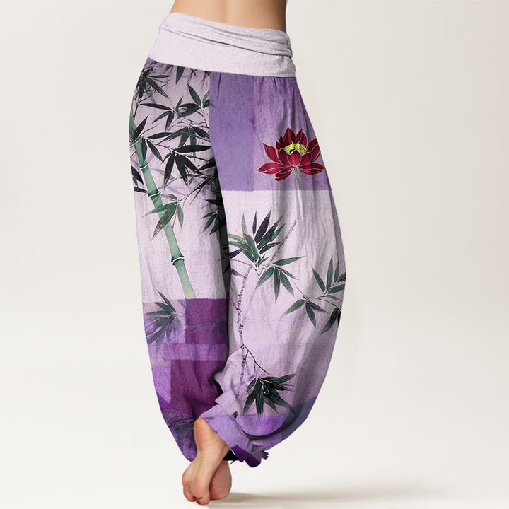 Buddha Stones Baumwoll-Haremshose mit buntem Bambus-Lotus-Muster und geometrischen Formen, elastischem Bund für Damen - image 6