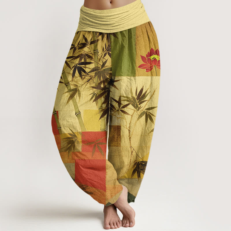 Buddha Stones Baumwoll-Haremshose mit buntem Bambus-Lotus-Muster und geometrischen Formen, elastischem Bund für Damen - Khaki - US16, UK/AU20, EU48 (3XL) - image 8
