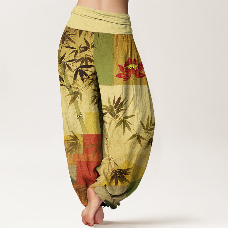 Buddha Stones Baumwoll-Haremshose mit buntem Bambus-Lotus-Muster und geometrischen Formen, elastischem Bund für Damen - image 9