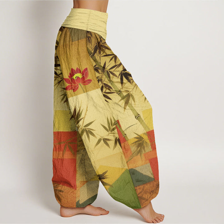 Buddha Stones Baumwoll-Haremshose mit buntem Bambus-Lotus-Muster und geometrischen Formen, elastischem Bund für Damen - image 10