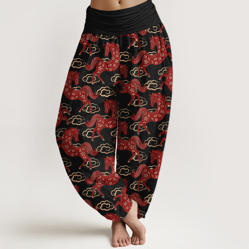 Buddha Stones Baumwoll-Haremshose mit wunderschönem Pferde- und Wolkenmuster, elastischem Bund für Damen - Schwarz - US16, UK/AU20, EU48 (3XL) - image 0