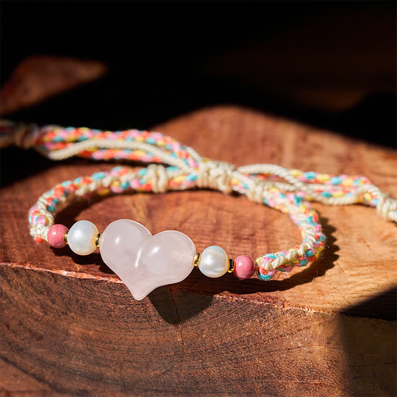 Buddha Stones ​​Herz-Design Rosa Kristall Geflochtenes Seil Armband Wärme Liebe - Rosa Kristall (Handgelenkumfang: 13-20 cm) - image 0