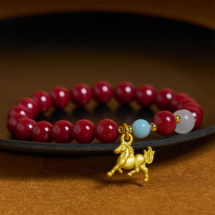 Buddha Stones ​​Jahr des Pferdes Anhänger mit galoppierendem Pferd Zinnober Segensarmband - 10 mm - Zinnober (Handgelenkumfang: 14-16 cm) - image 0