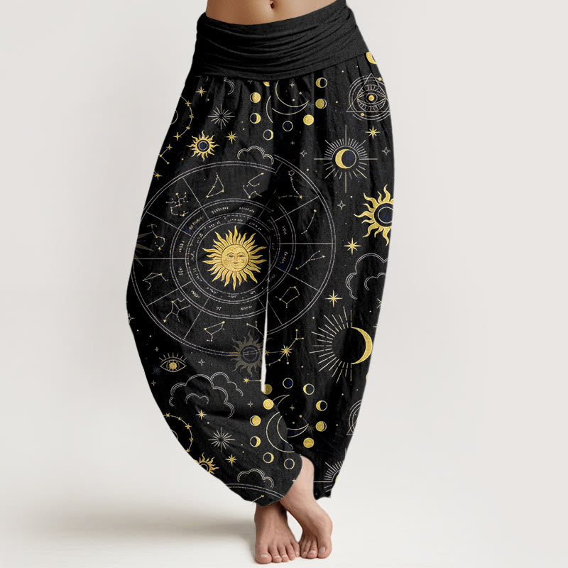 Buddha Stones Wunderschöne Haremshose aus Baumwolle mit Sonne-, Mond-, Sternen- und Wolkenmuster sowie elastischem Bund für Damen. - Schwarz - US16, UK/AU20, EU48 (3XL) - image 5
