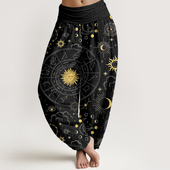 Buddha Stones Wunderschöne Haremshose aus Baumwolle mit Sonne-, Mond-, Sternen- und Wolkenmuster sowie elastischem Bund für Damen. - Schwarz - US16, UK/AU20, EU48 (3XL) - image 5