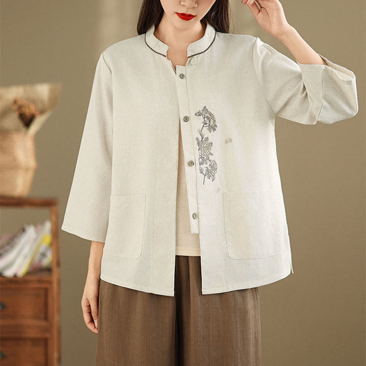 Buddha Stones Damen-Baumwollbluse mit Dreiviertelärmeln, Taschen und Stickerei mit Blumenmuster für den Arbeitsweg - image 9