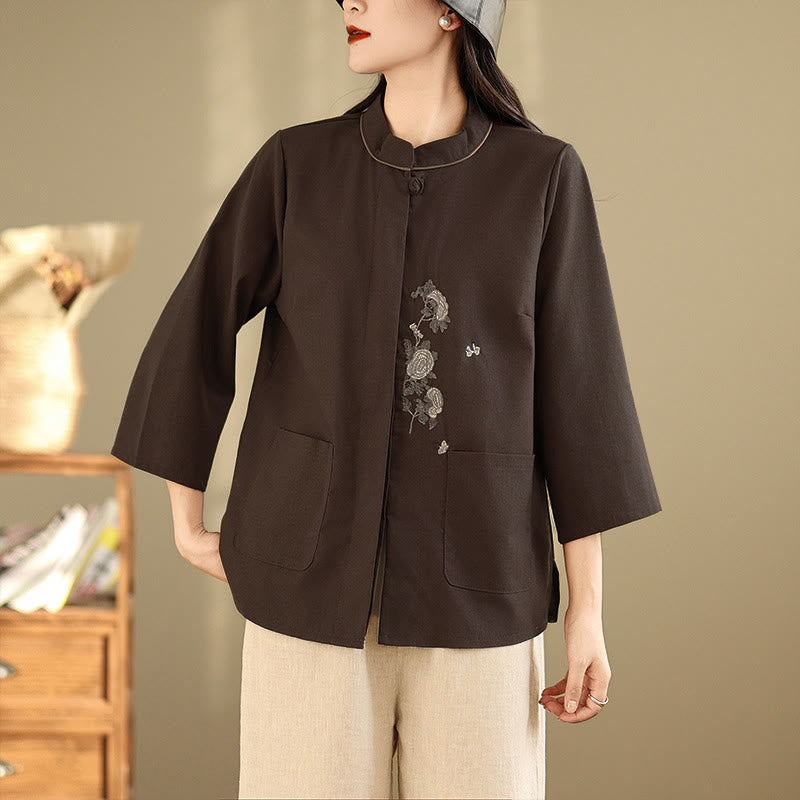 Buddha Stones Damen-Baumwollbluse mit Dreiviertelärmeln, Taschen und Stickerei mit Blumenmuster für den Arbeitsweg - image 0