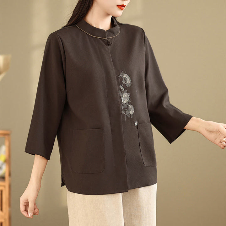 Buddha Stones Damen-Baumwollbluse mit Dreiviertelärmeln, Taschen und Stickerei mit Blumenmuster für den Arbeitsweg - image 2
