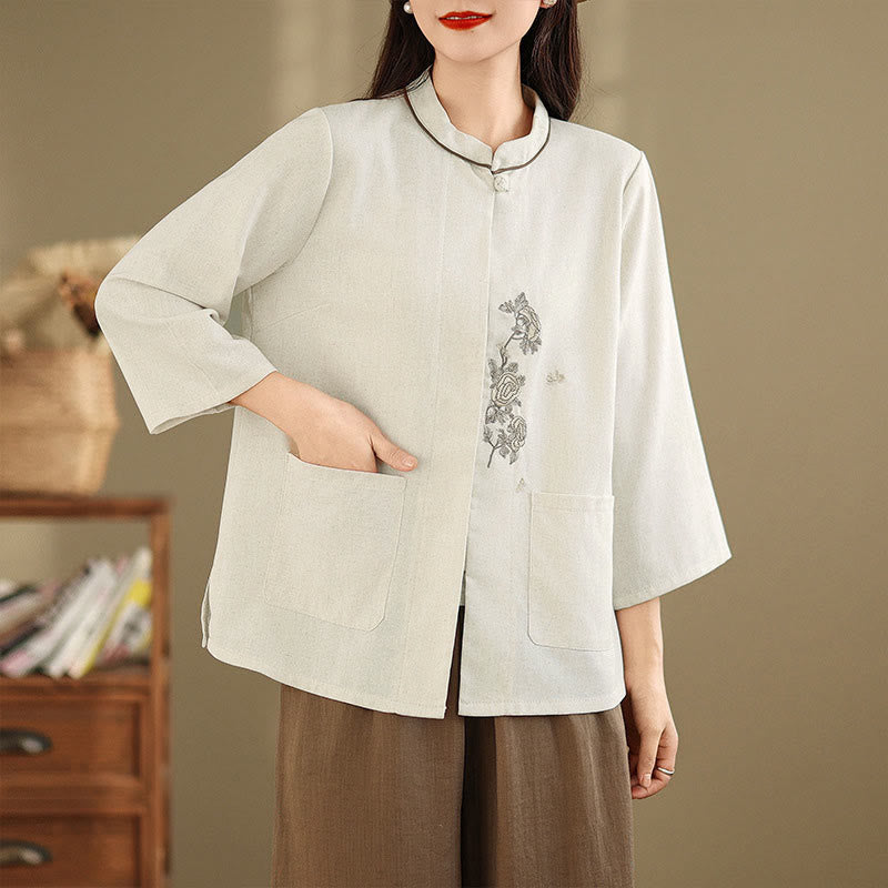 Buddha Stones Damen-Baumwollbluse mit Dreiviertelärmeln, Taschen und Stickerei mit Blumenmuster für den Arbeitsweg - image 10