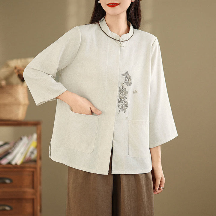 Buddha Stones Damen-Baumwollbluse mit Dreiviertelärmeln, Taschen und Stickerei mit Blumenmuster für den Arbeitsweg - image 10