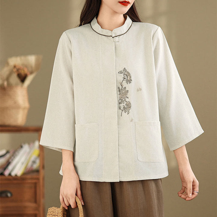 Buddha Stones Damen-Baumwollbluse mit Dreiviertelärmeln, Taschen und Stickerei mit Blumenmuster für den Arbeitsweg - image 11