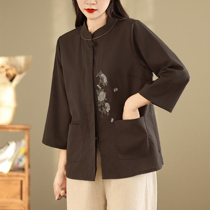 Buddha Stones Damen-Baumwollbluse mit Dreiviertelärmeln, Taschen und Stickerei mit Blumenmuster für den Arbeitsweg - image 3