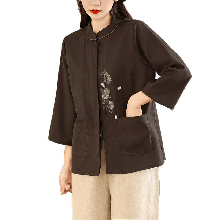 Buddha Stones Damen-Baumwollbluse mit Dreiviertelärmeln, Taschen und Stickerei mit Blumenmuster für den Arbeitsweg - image 6