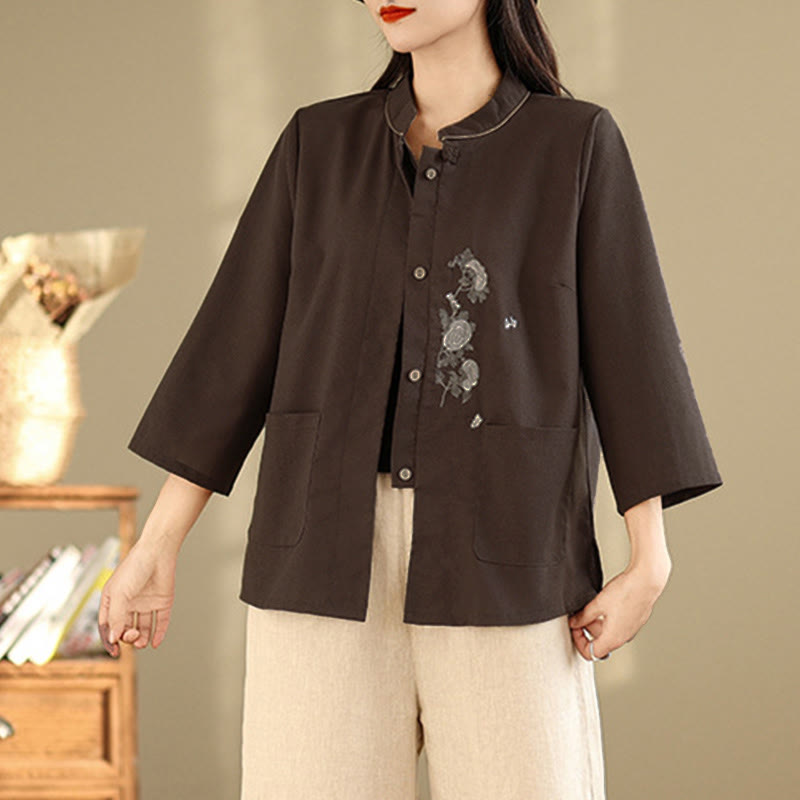 Buddha Stones Damen-Baumwollbluse mit Dreiviertelärmeln, Taschen und Stickerei mit Blumenmuster für den Arbeitsweg - image 4