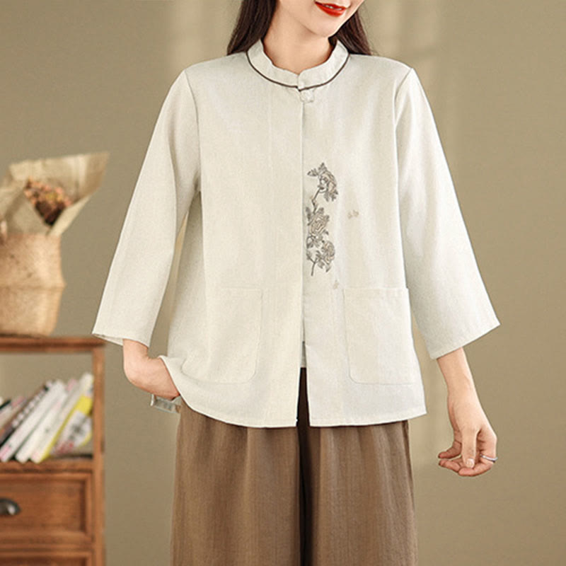 Buddha Stones Damen-Baumwollbluse mit Dreiviertelärmeln, Taschen und Stickerei mit Blumenmuster für den Arbeitsweg - image 8