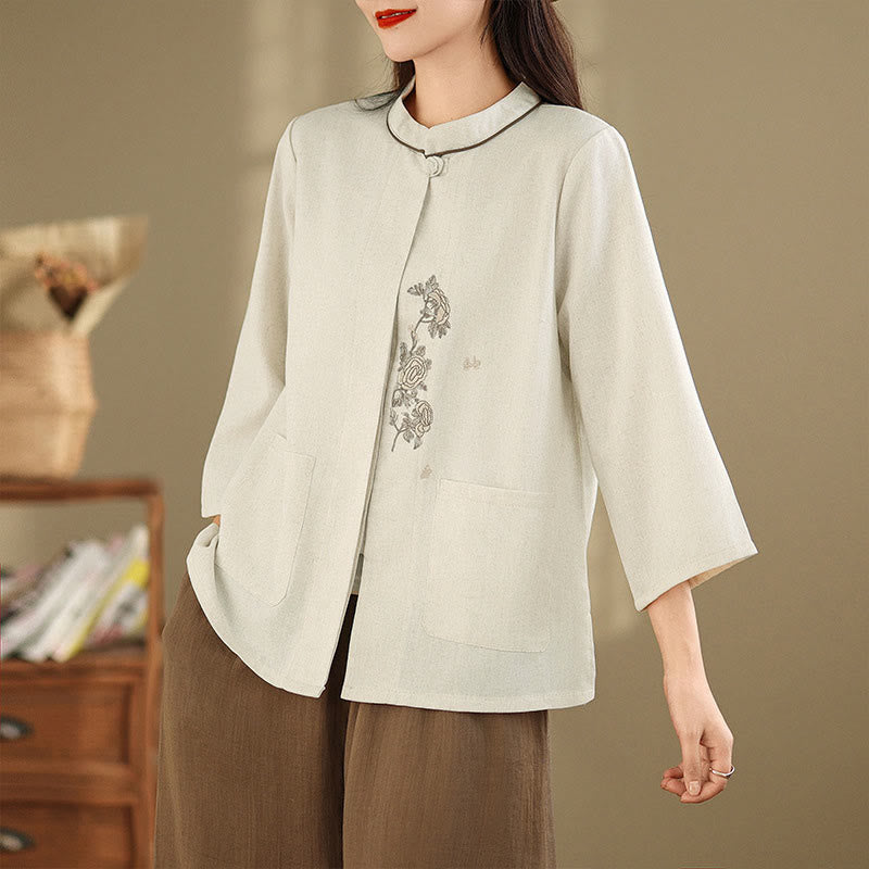 Buddha Stones Damen-Baumwollbluse mit Dreiviertelärmeln, Taschen und Stickerei mit Blumenmuster für den Arbeitsweg - Leinen - US 8-10, UK/AU 12-14, EU 40-42 (2XL) - image 7