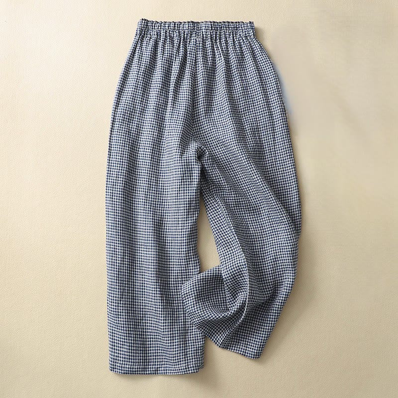 Buddha Stones Commute Casual Karomuster 7-8 Länge Damen Weite Hose aus Baumwollleinen mit Taschen - Marine - US 8-10, UK/AU 12-14, EU 40-42 (2XL) - image 0