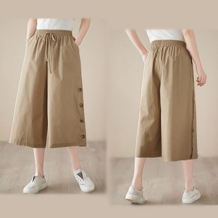 Buddha Stones Schlichte Caprihose für Damen mit seitlicher Knopfleiste, weitem Bein und Taschen - image 21