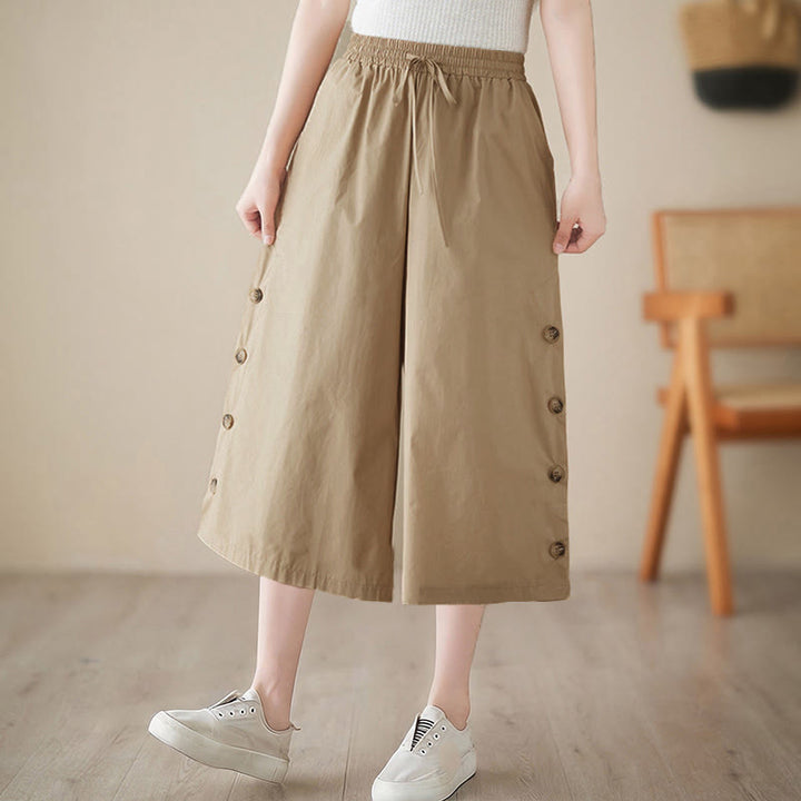Buddha Stones Schlichte Caprihose für Damen mit seitlicher Knopfleiste, weitem Bein und Taschen - image 15