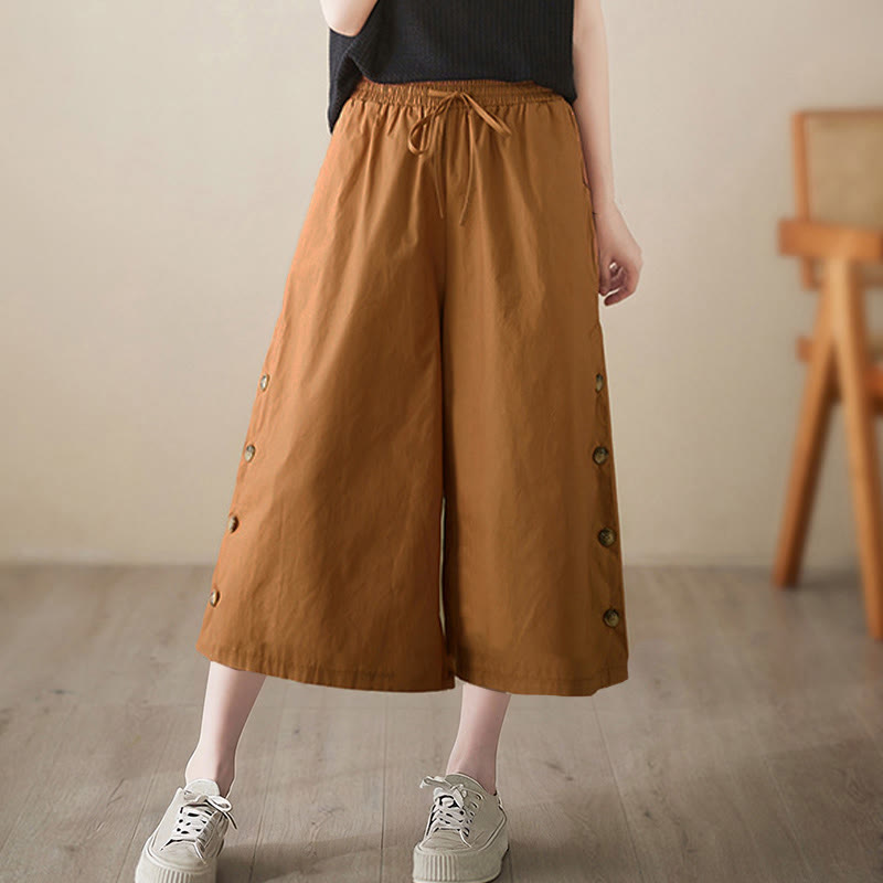 Buddha Stones Schlichte Caprihose für Damen mit seitlicher Knopfleiste, weitem Bein und Taschen - image 3