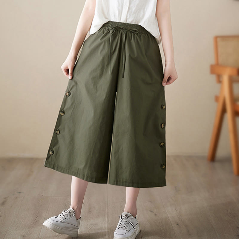 Buddha Stones Schlichte Caprihose für Damen mit seitlicher Knopfleiste, weitem Bein und Taschen - image 12