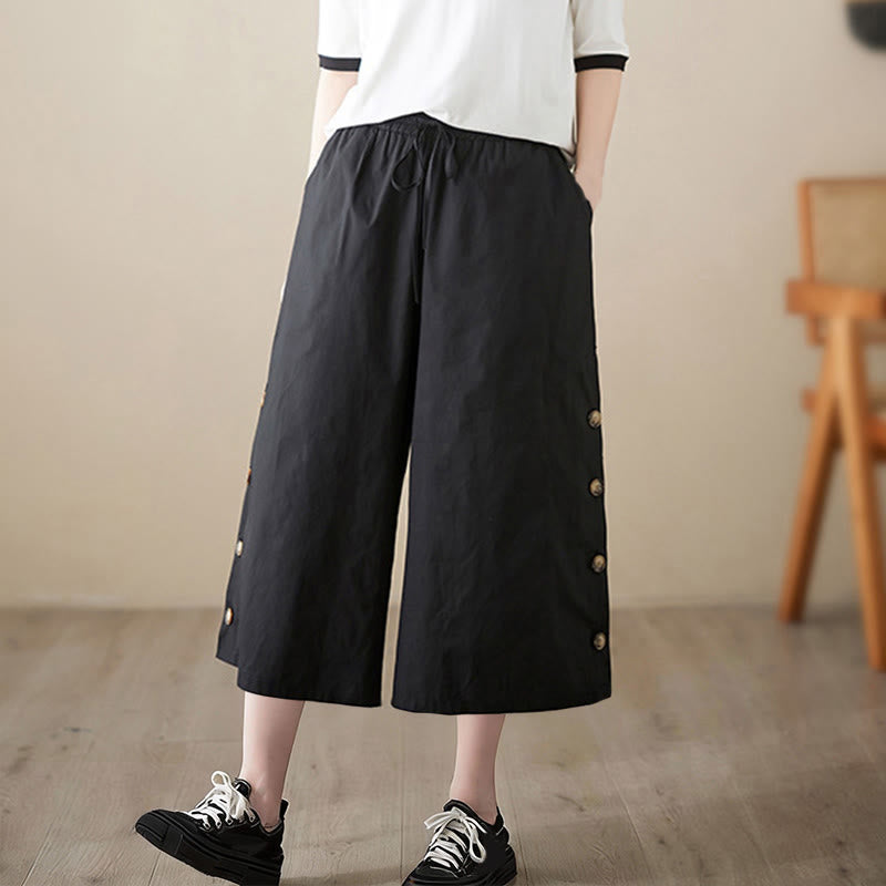 Buddha Stones Schlichte Caprihose für Damen mit seitlicher Knopfleiste, weitem Bein und Taschen - image 7