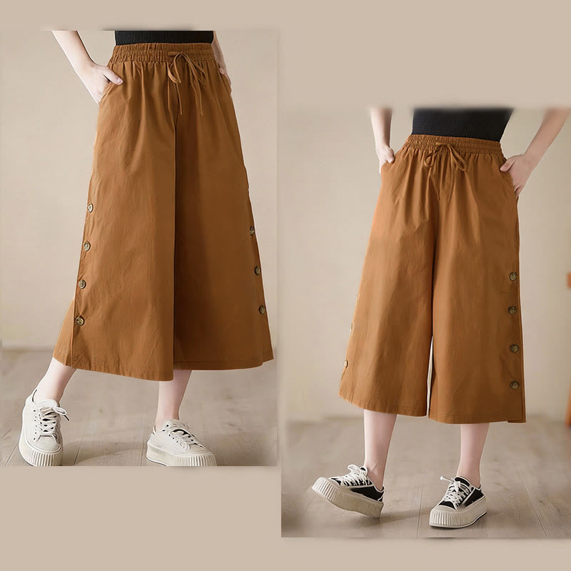 Buddha Stones Schlichte Caprihose für Damen mit seitlicher Knopfleiste, weitem Bein und Taschen - image 4